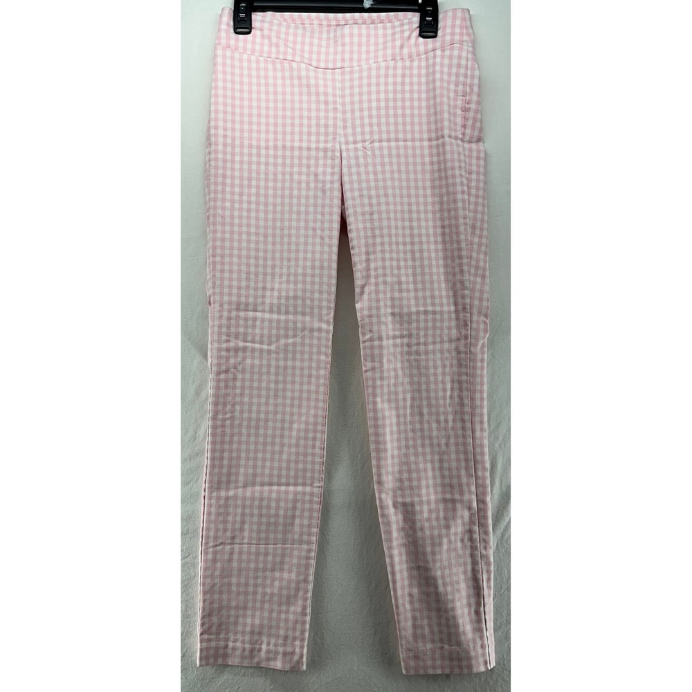 J. McLaughlin Pink Gingham Check Pull On Slim Pants Size 6 Preppy Trousers